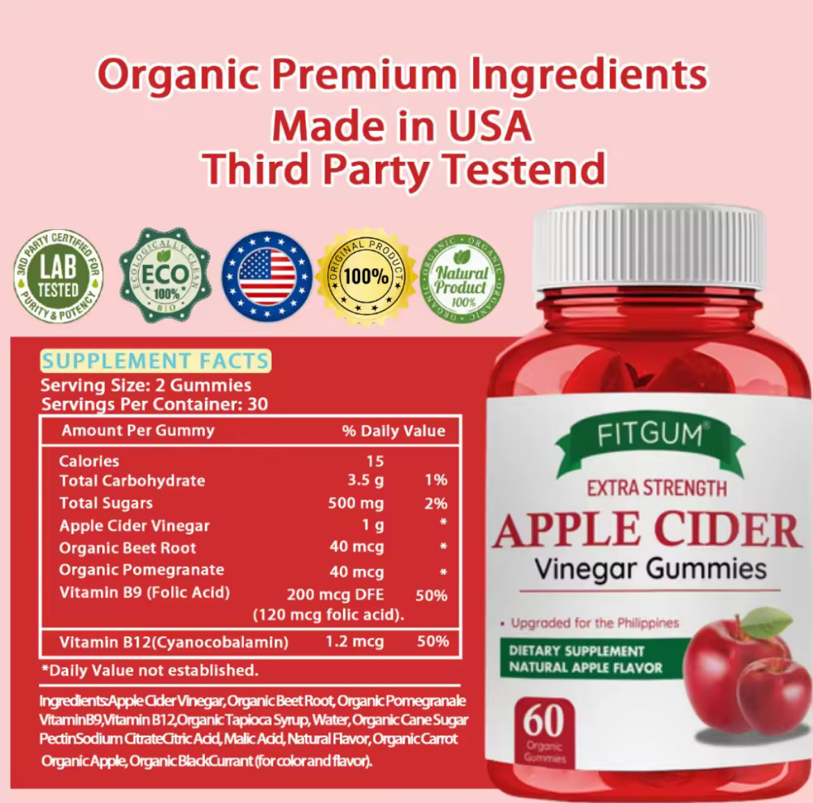 FITGUM Apple Cider Vinegar Gummies Vitamin C Slimming Gummy Weight Loss Immunity Boost Nutritional Supplements Gummies