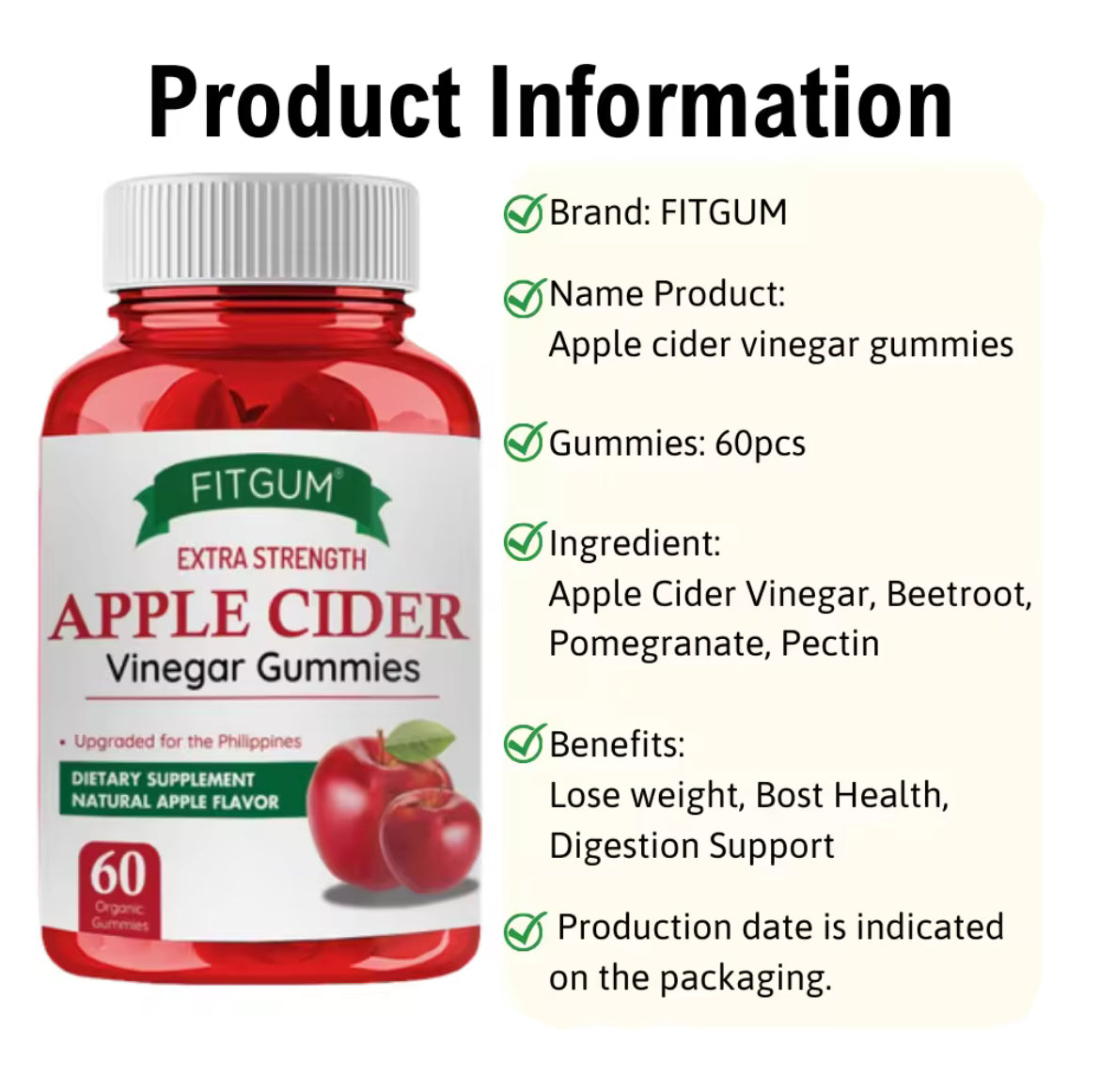 FITGUM Apple Cider Vinegar Gummies Vitamin C Slimming Gummy Weight Loss Immunity Boost Nutritional Supplements Gummies