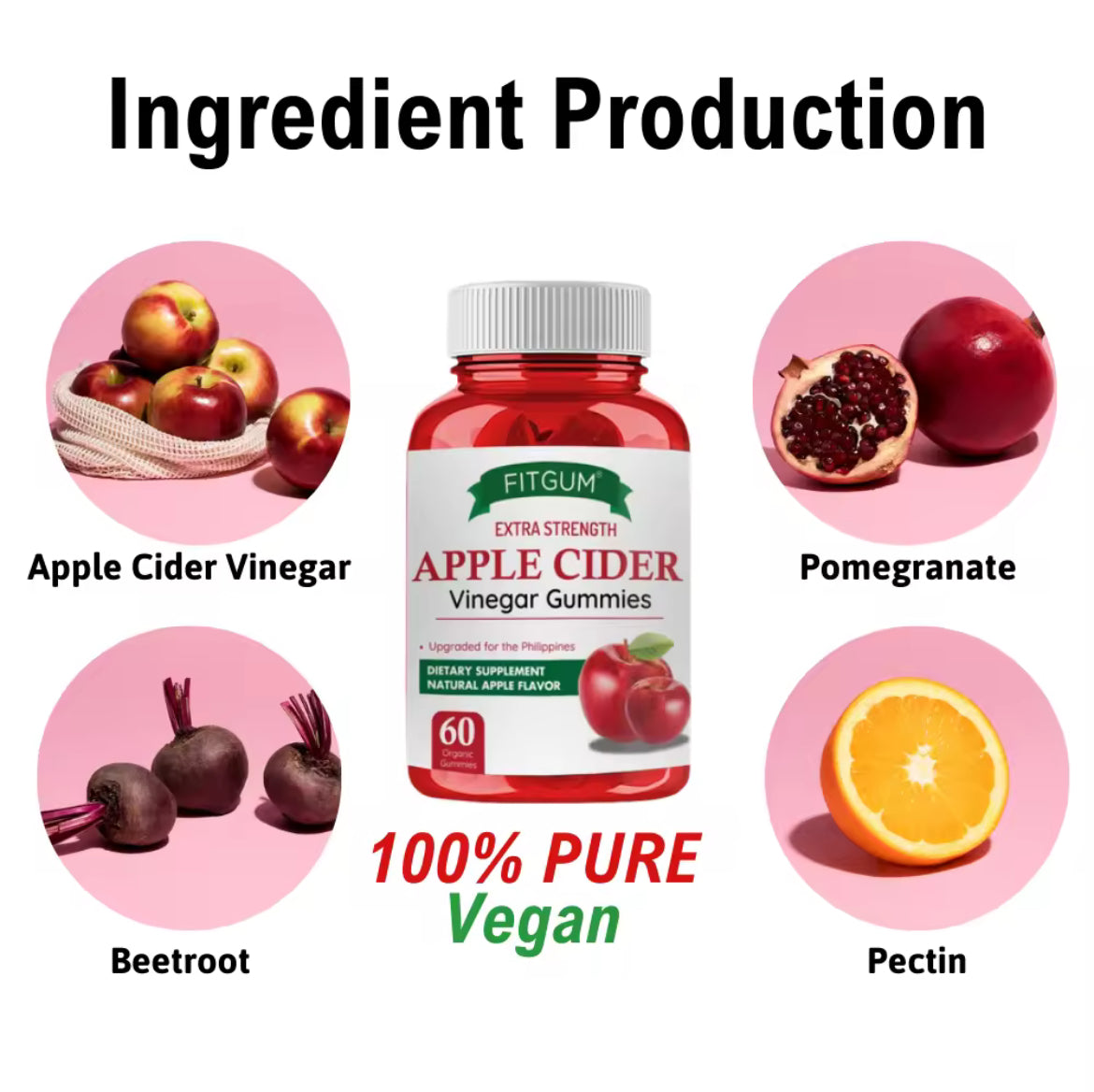 FITGUM Apple Cider Vinegar Gummies Vitamin C Slimming Gummy Weight Loss Immunity Boost Nutritional Supplements Gummies